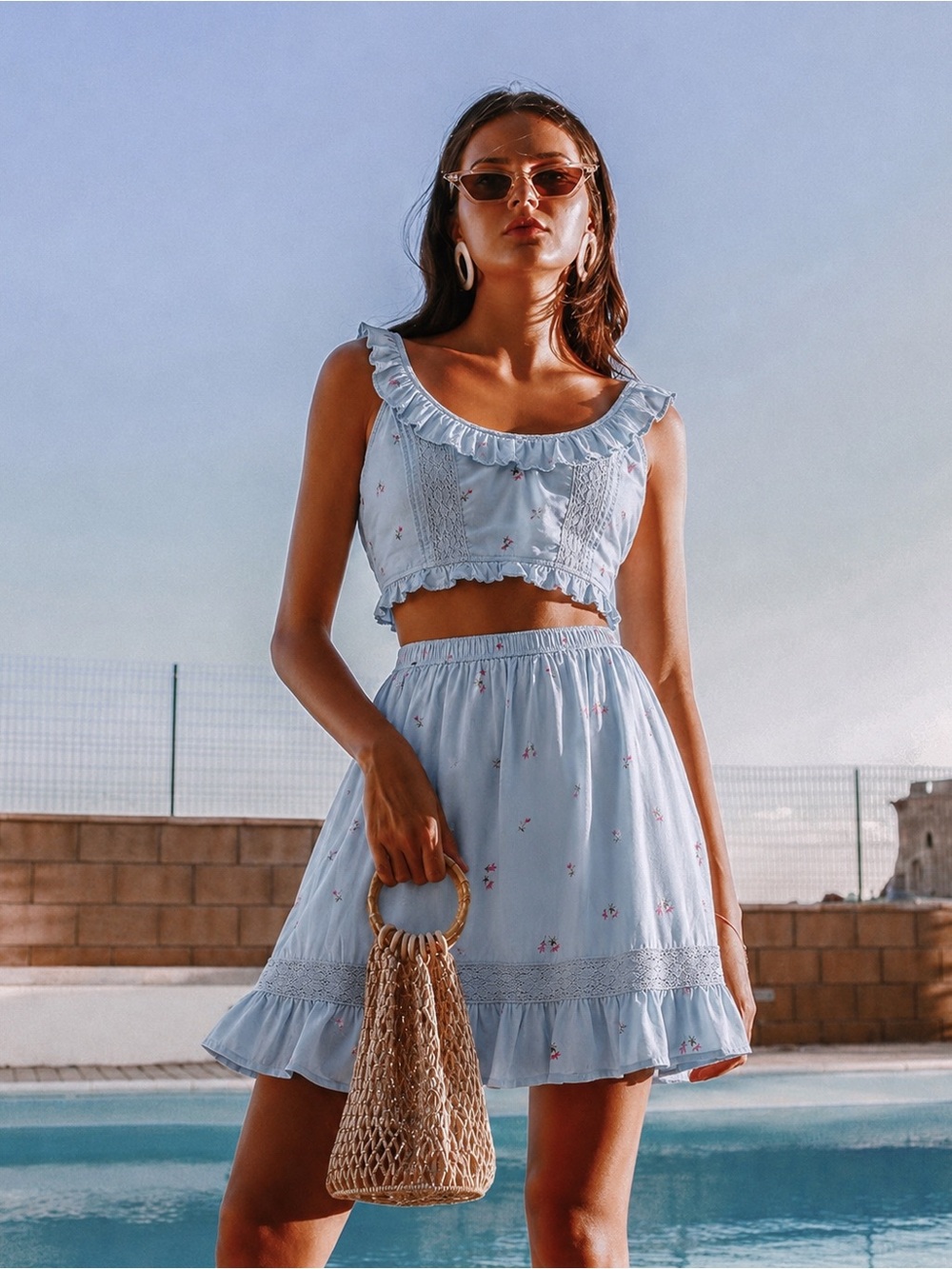 Abercrombie & Fitch Blue Floral Lace Trim Crop Top Skirt Set XS Cottagecore